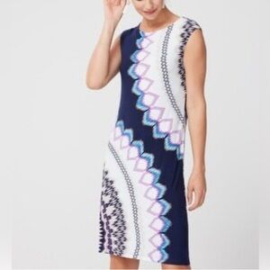 CHICO’S Shift Midi dress, easy care jersey, white with geometric designs. New.